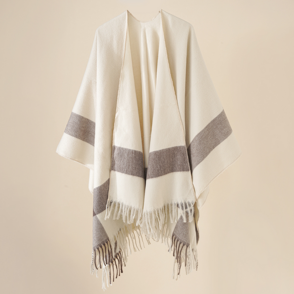 Poncho capa de mujer suave, a rayas, con flecos, beige y marrón