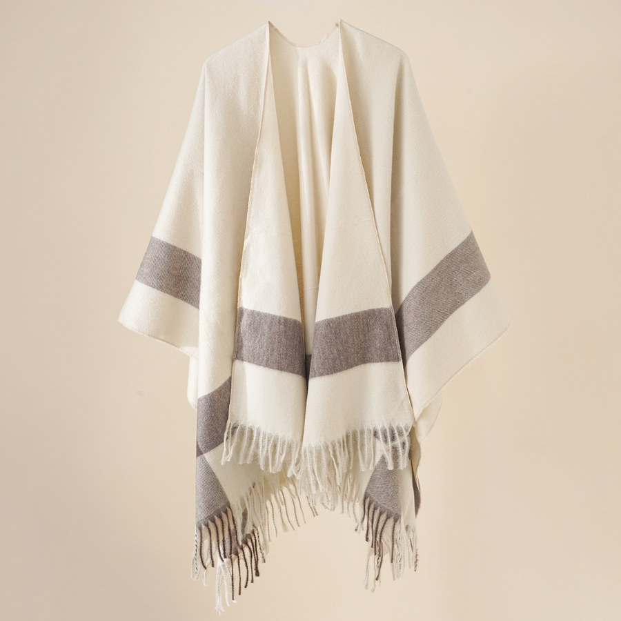 Soft women's fringed striped poncho cape in beige and brown