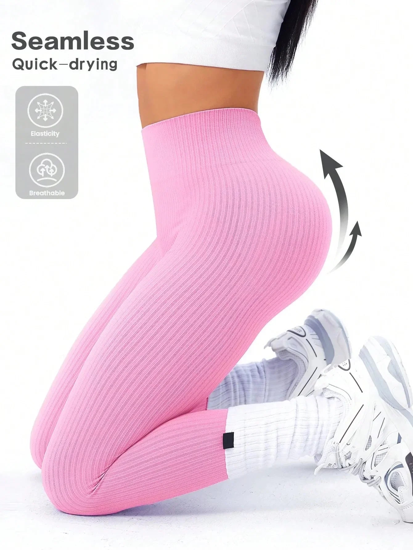 Legging Femme Taille Haute Sans Couture Style Côtelé Pour Fitness et Quotidien