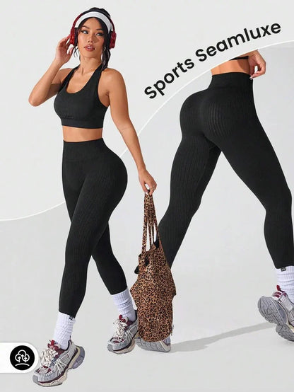 Legging Femme Taille Haute Sans Couture Style Côtelé Pour Fitness et Quotidien