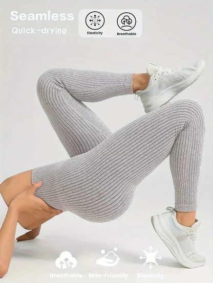 Legging Femme Taille Haute Sans Couture Style Côtelé Pour Fitness et Quotidien