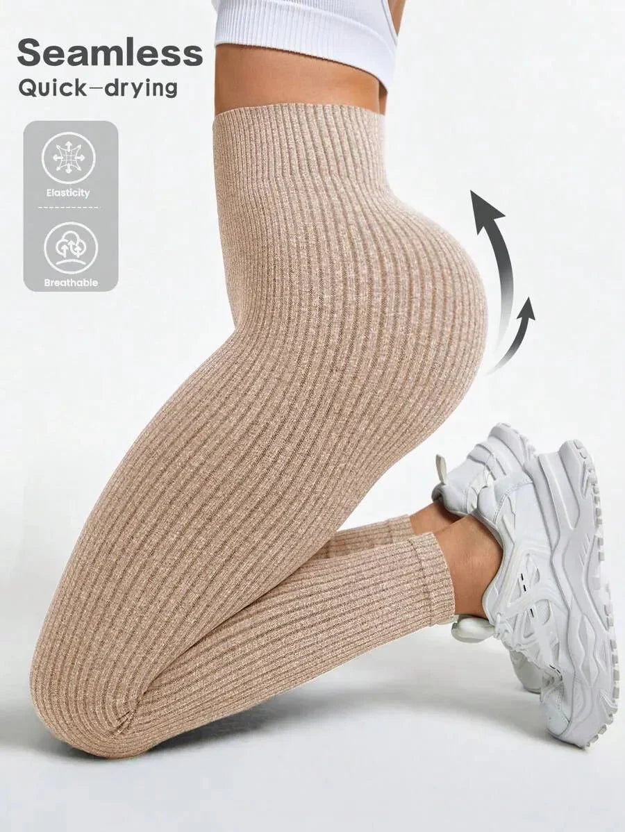 Legging Femme Taille Haute Sans Couture Style Côtelé Pour Fitness et Quotidien