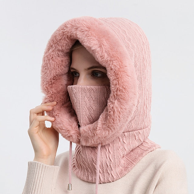 Gefütterte Strickkapuze mit Kunstfell in Rosa und integriertem Nackenwärmer für Damen