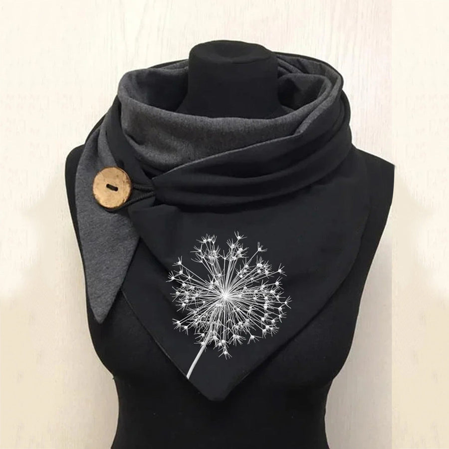 Foulard triangulaire motif animalier ou nature, gris et noir avec bouton décoratif