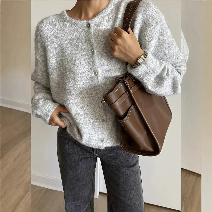 Cárdigan suave de mujer con botones y cuello redondo - blanco, gris, rojo, beige
