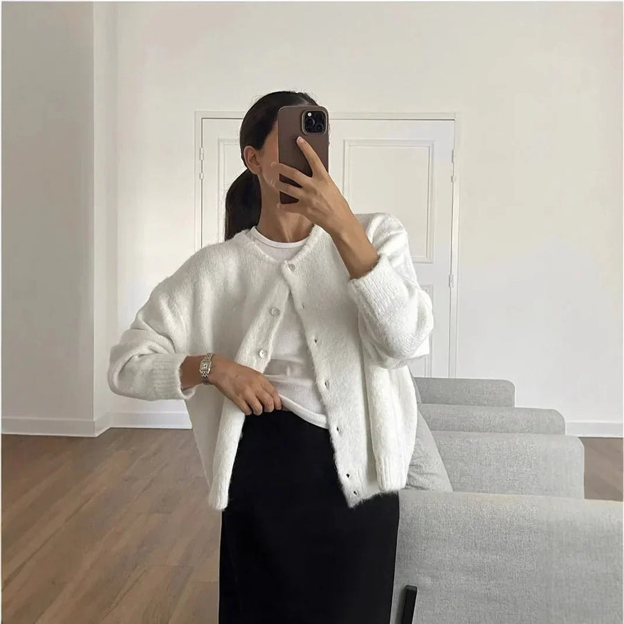 Cárdigan suave de mujer con botones y cuello redondo - blanco, gris, rojo, beige