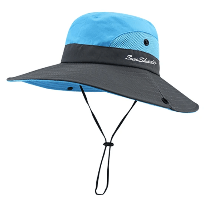 Chapeau de soleil large bord bicolore avec filet et cordon réglable