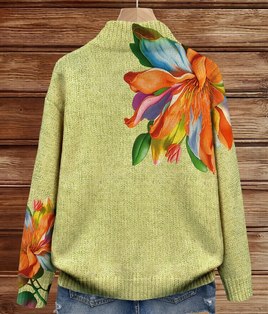 Hellgrüne Strickjacke für Damen mit Reißverschluss und leuchtendem Blumenprint