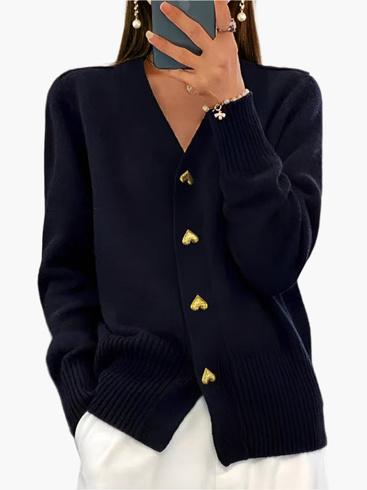 Chic women's cardigan with heart buttons, elegant style for autumn and winter