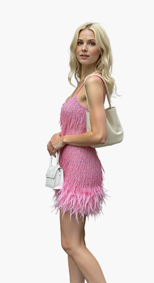 Robe cocktail femme style années 20 à franges et plumes – Idéale pour soirée élégante ou fête tendance