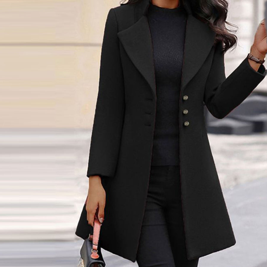 Elegant Women's Mid-Length Black Coat with Gold Buttons