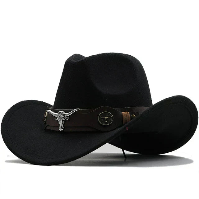 Chapeau de cowboy unisexe style occidental, bords recourbés avec bande décorative et tête de taureau