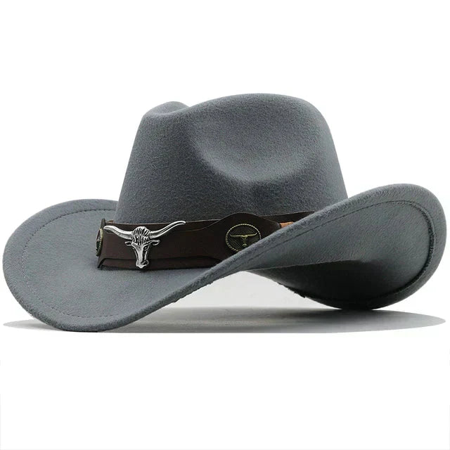 Chapeau de cowboy unisexe style occidental, bords recourbés avec bande décorative et tête de taureau