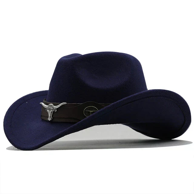 Chapeau de cowboy unisexe style occidental, bords recourbés avec bande décorative et tête de taureau