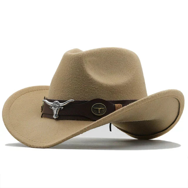 Chapeau de cowboy unisexe style occidental, bords recourbés avec bande décorative et tête de taureau