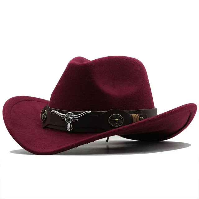 Chapeau de cowboy unisexe style occidental, bords recourbés avec bande décorative et tête de taureau