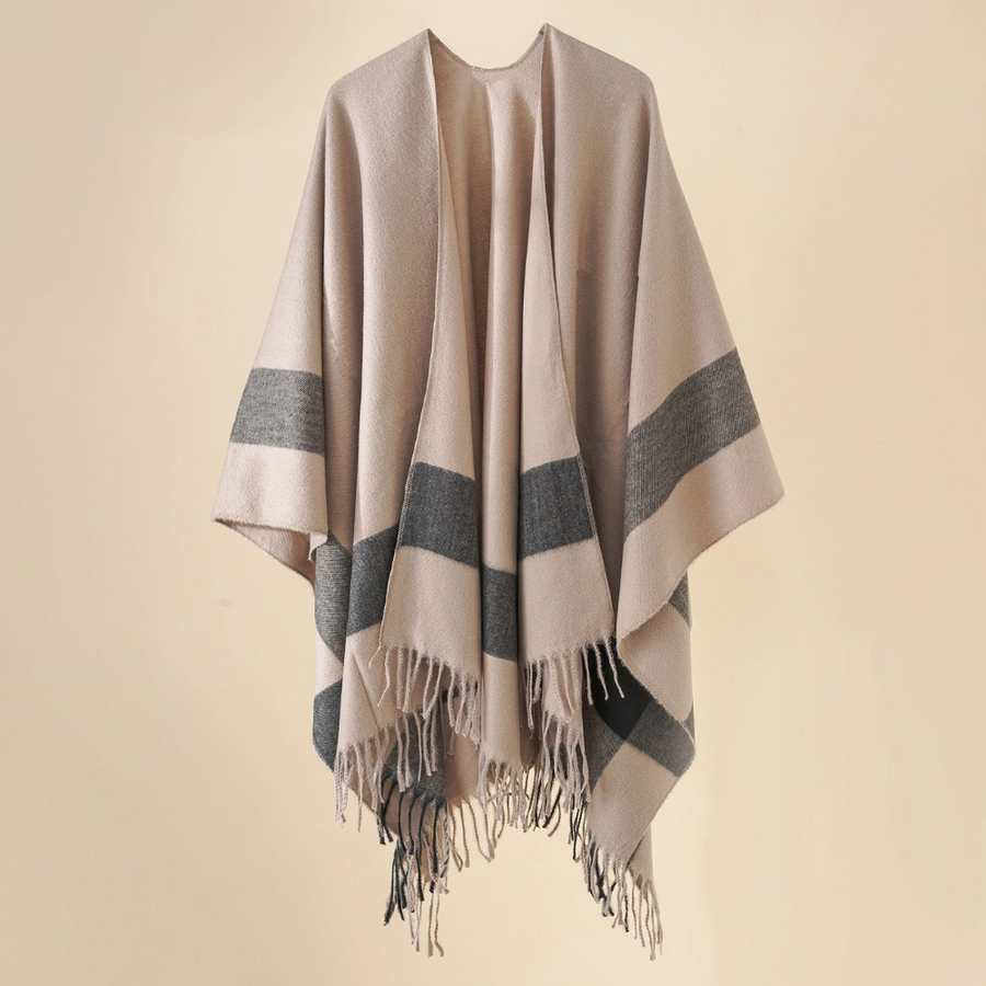Soft women's fringed striped poncho cape in beige and brown