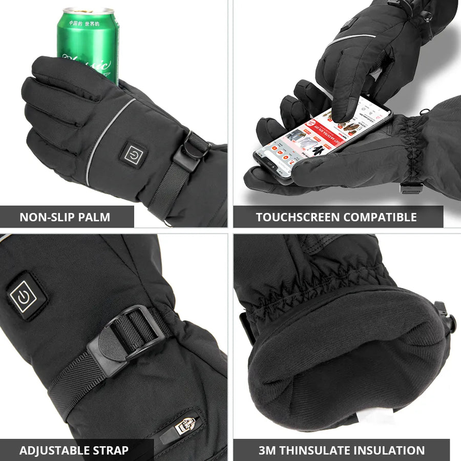 Guantes de esquí negros calefactables e impermeables con pantalla táctil y correa ajustable