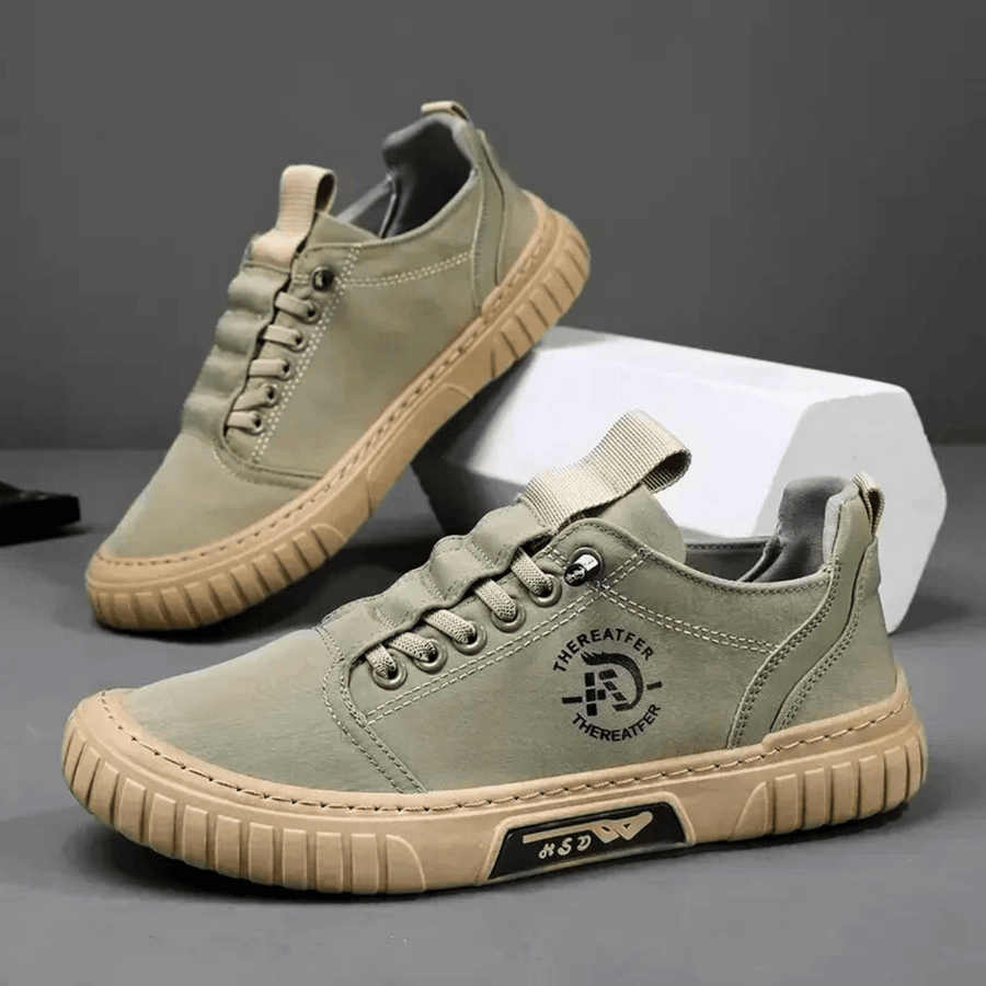 Låga fritidssneakers för herr i khaki, urban stil, med tjock sula