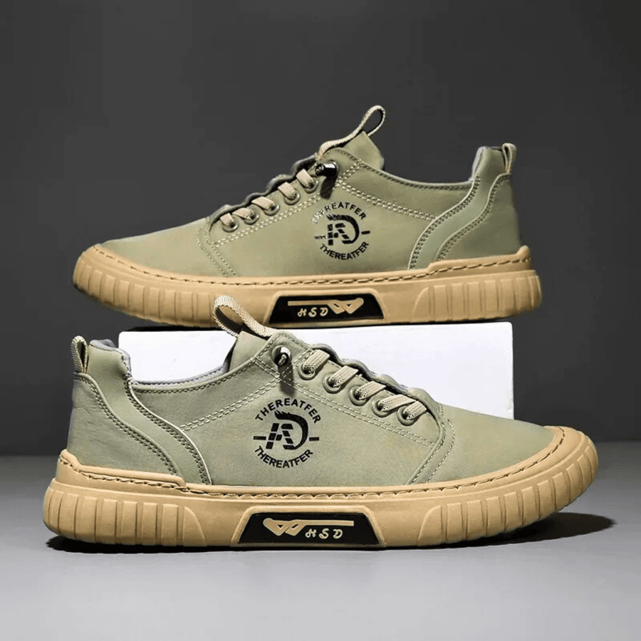 Låga fritidssneakers för herr i khaki, urban stil, med tjock sula