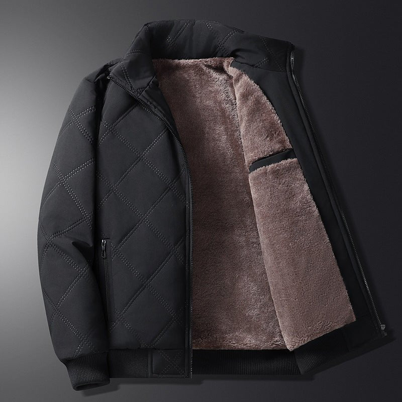 Men's diamond-quilted jacket with a stand-up collar and soft interior, gray