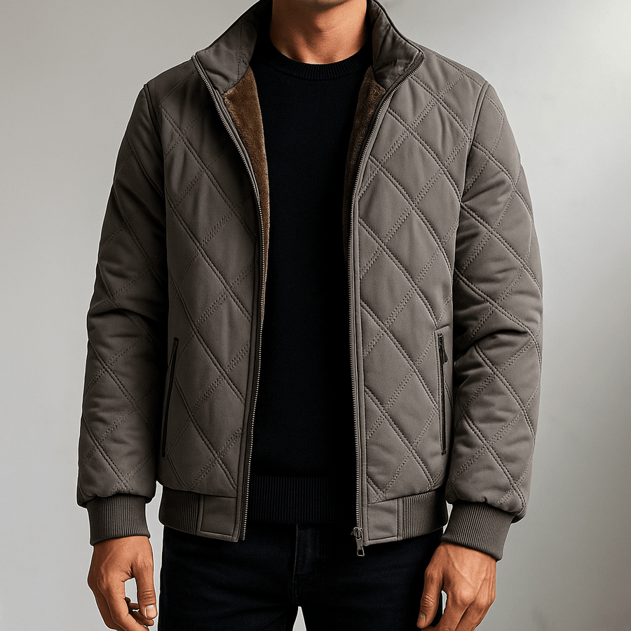 Men's diamond-quilted jacket with a stand-up collar and soft interior, gray