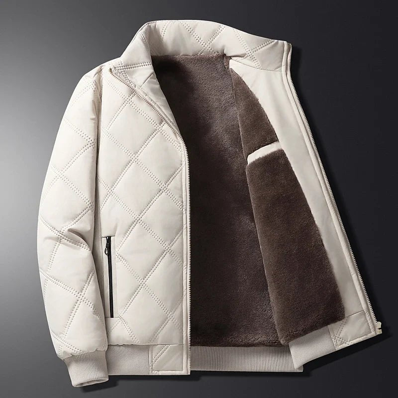 Men's diamond-quilted jacket with a stand-up collar and soft interior, gray