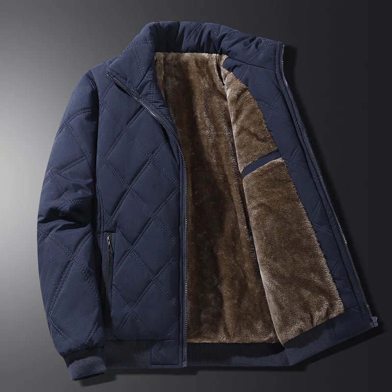 Men's diamond-quilted jacket with a stand-up collar and soft interior, gray