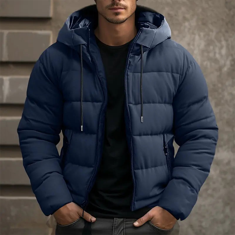 Wattierte Herren-Steppjacke mit Kapuze, warme Jacke mit Reißverschluss, grau