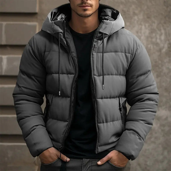 Men's hooded quilted puffer jacket, warm zip-up jacket, gray