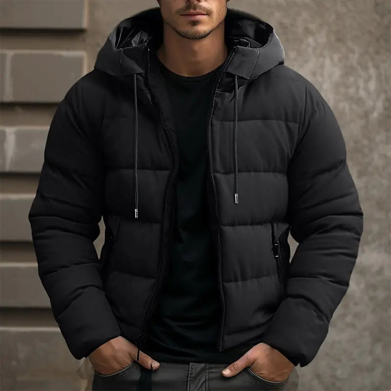 Wattierte Herren-Steppjacke mit Kapuze, warme Jacke mit Reißverschluss, grau