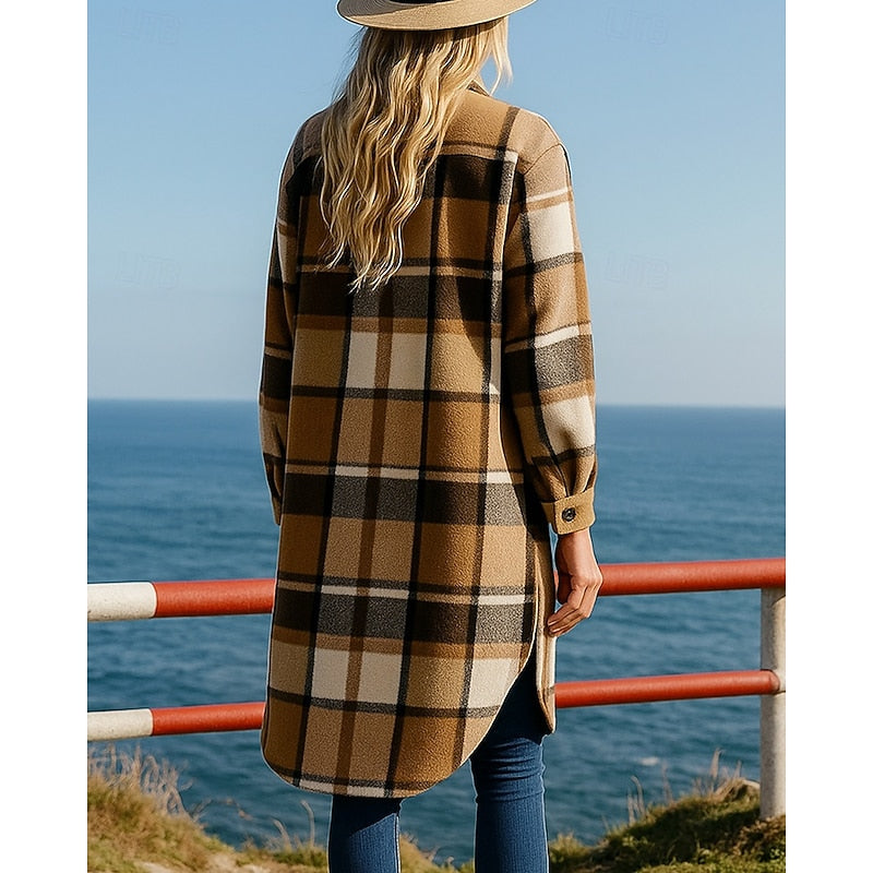 Women's long plaid jacket with a classic collar and buttons