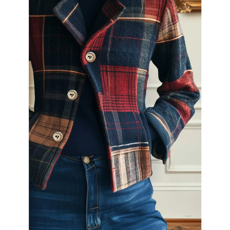 Chaqueta corta de mujer de cuadros multicolores con diseño patchwork estilo tartán