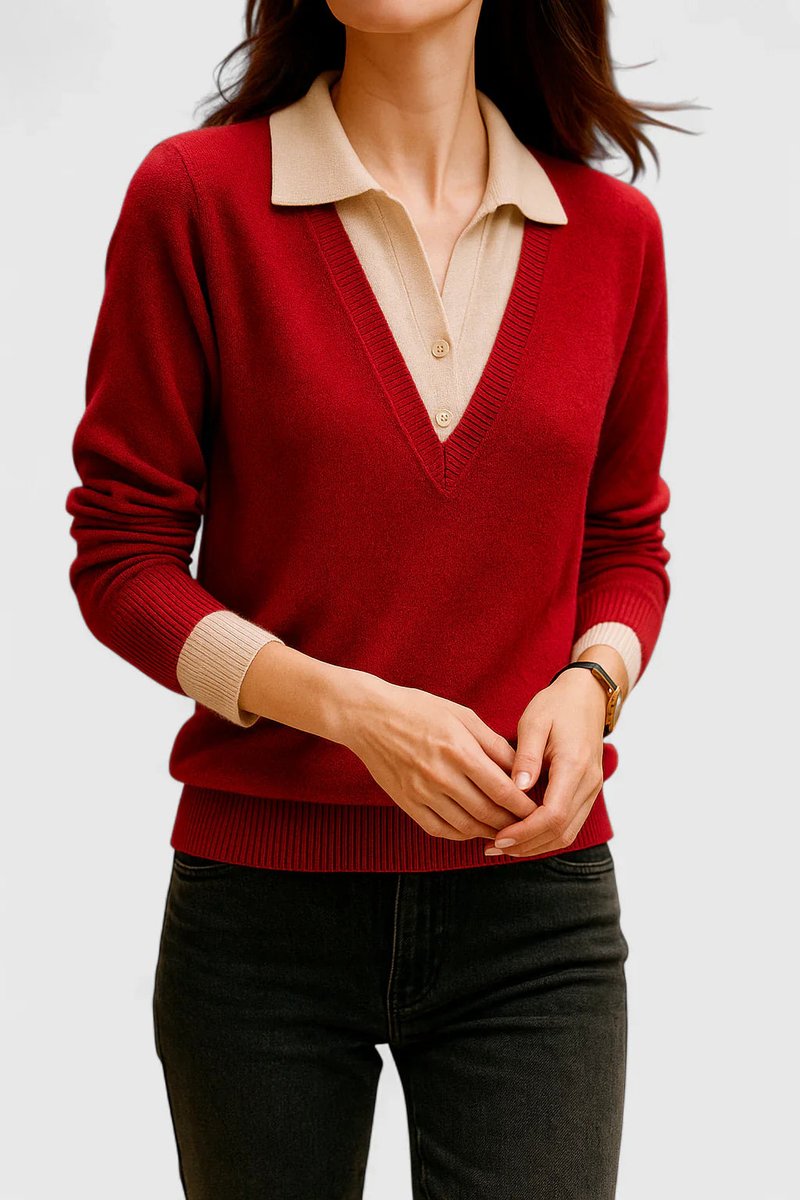 Suéter de mujer con cuello en V y panel de color contrastante