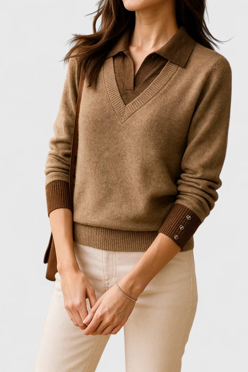 Suéter de mujer con cuello en V y panel de color contrastante