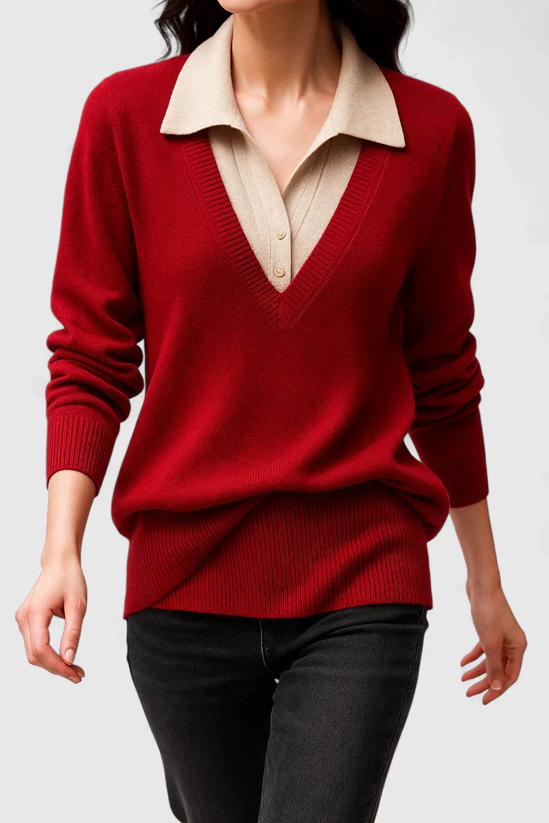 Suéter de mujer con cuello en V y panel de color contrastante