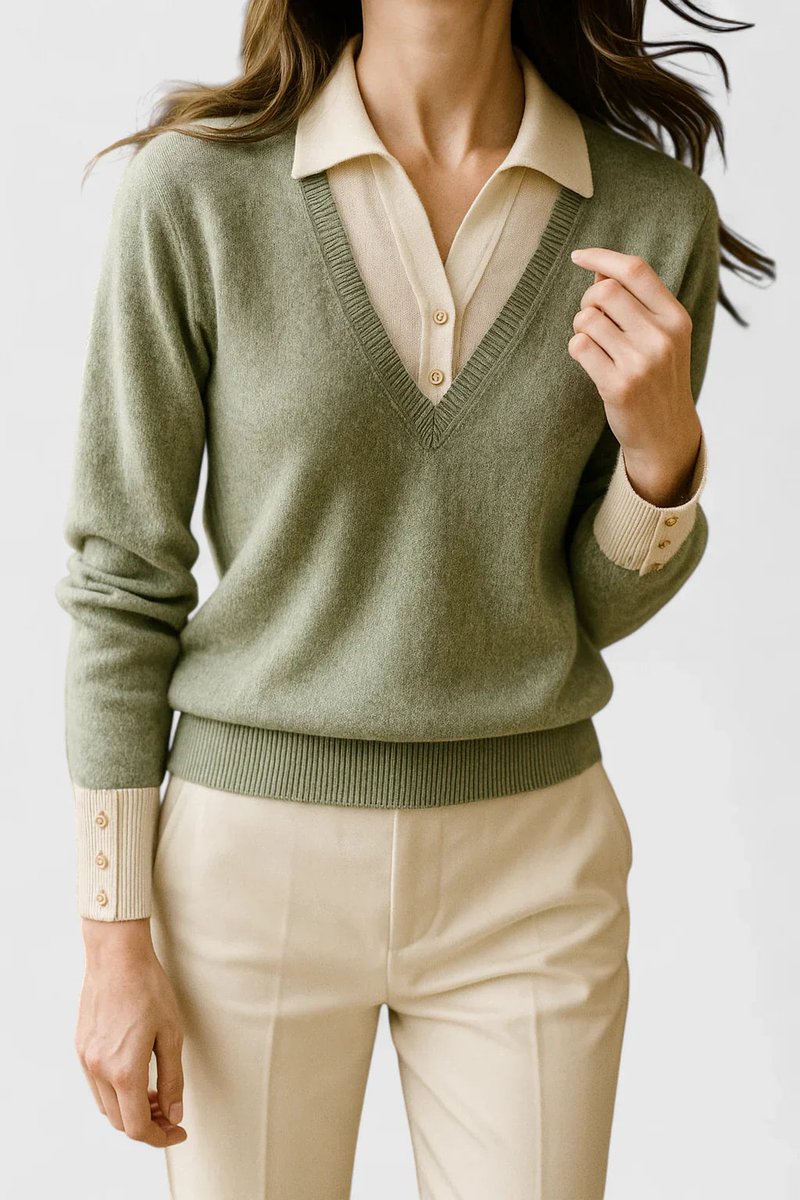 Suéter de mujer con cuello en V y panel de color contrastante