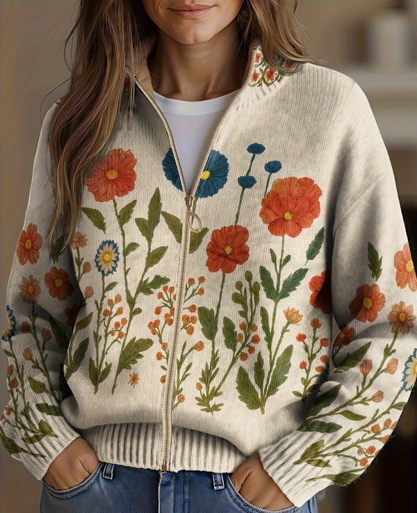 Giacca da donna con chiusura a zip, collo alto e motivo floreale multicolore