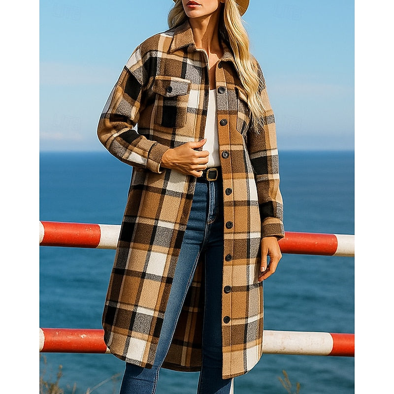 Women's long plaid jacket with a classic collar and buttons
