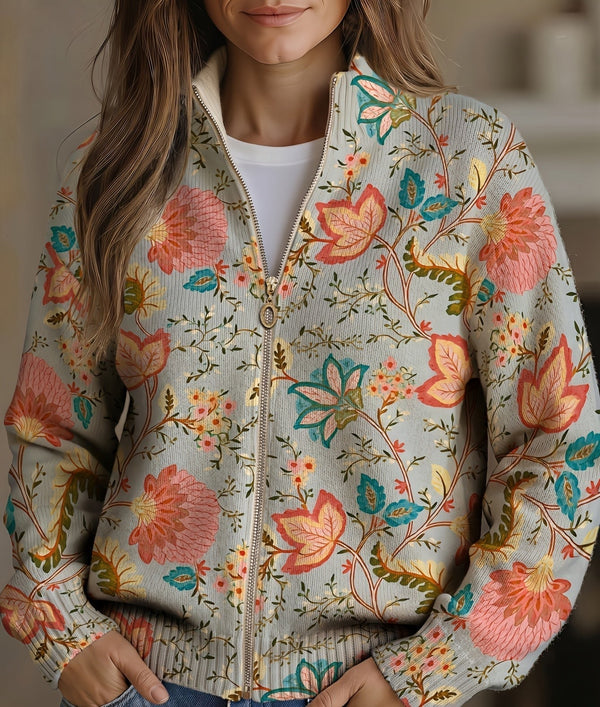 Giacca bomber da donna floreale con zip, motivi floreali colorati, collo rialzato