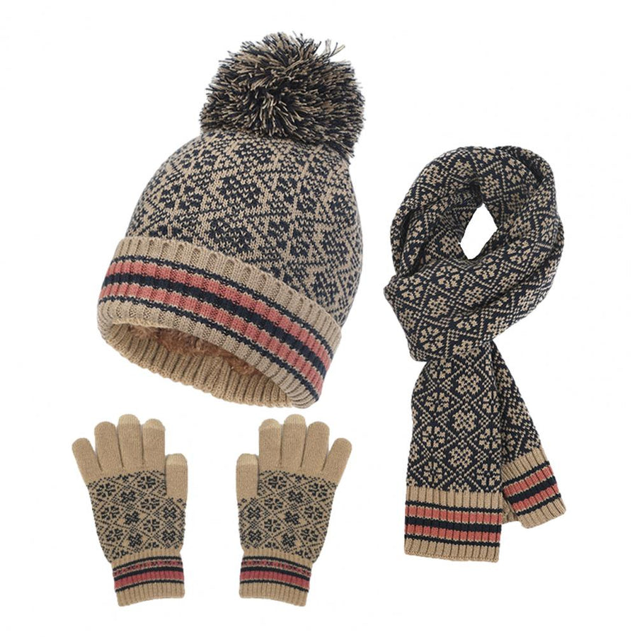 Gebreide set met muts, sjaal en handschoenen, wintermotief met pompon