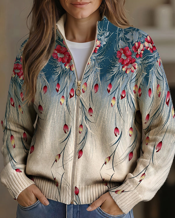 Giacca da donna con chiusura a zip, motivo floreale e vegetale, collo alto e taglio casual
